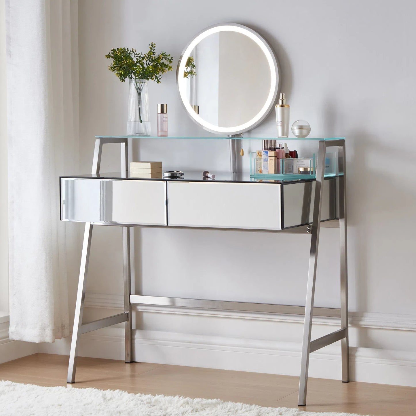 33.9" Mirrored Makeup Vanity Desk with Mirror and Lights, Mirrored Console Vanity Table with 2 Big Drawers & Open Shelf, Dressing Table with Charging Station for Bedroom, Silver