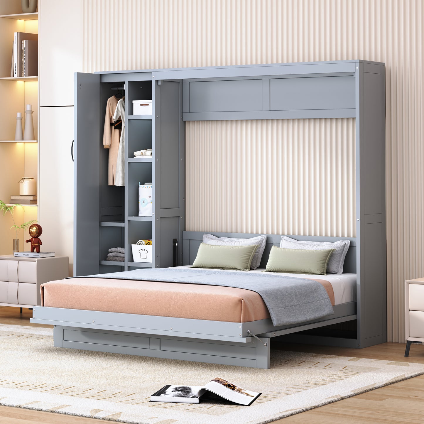 Queen Size Murphy Bed Wall Bed with Shelves, Wardrobe and LED Lights