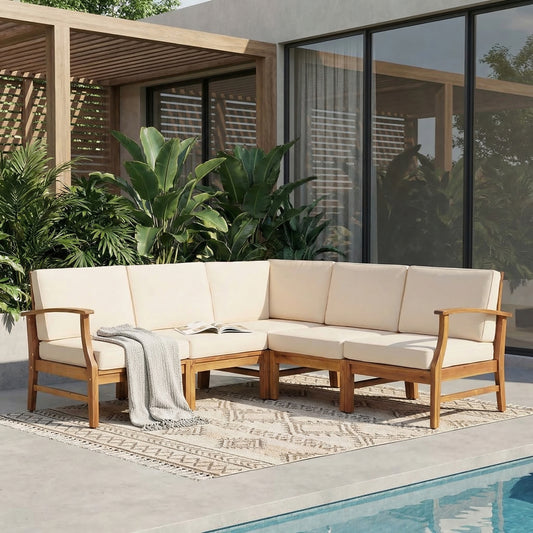 Perla 5-Piece Acacia Wood Outdoor Sofa Set with Water-Resistant Cushions – Modular Patio Sectional Seating Set