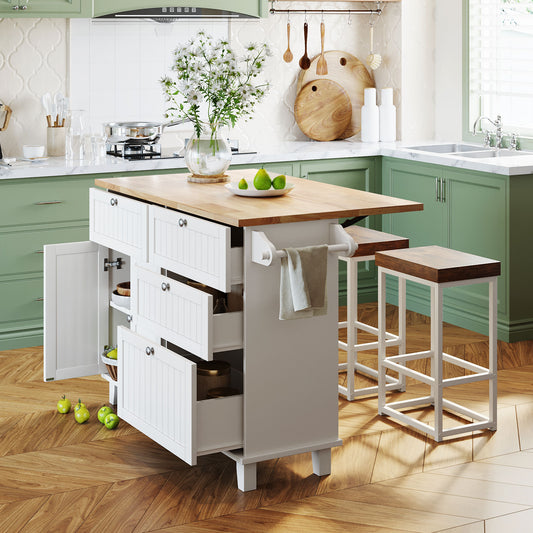 Kitchen Island Solid Wood White with Drop Leaf and Storage for Kitchen or Dining Storage