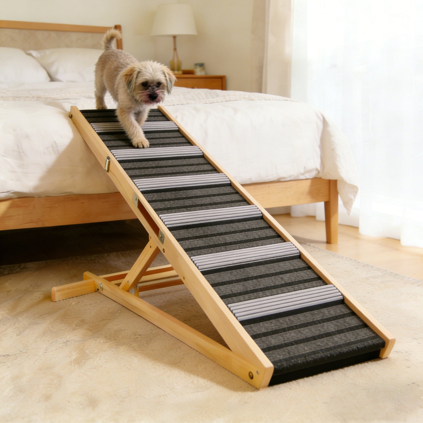 Adjustable Dog Ramp for Couch & Sofa – Solid Wood Pet Steps with 6 Height Settings (14"–25"), Non-Slip Carpet Surface, Stable Wide Base for Small Dogs & Senior Pets