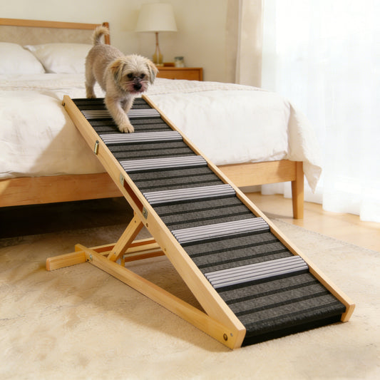 Adjustable Dog Ramp for Couch & Sofa – Solid Wood Pet Steps with 6 Height Settings (14"–25"), Non-Slip Carpet Surface, Stable Wide Base for Small Dogs & Senior Pets