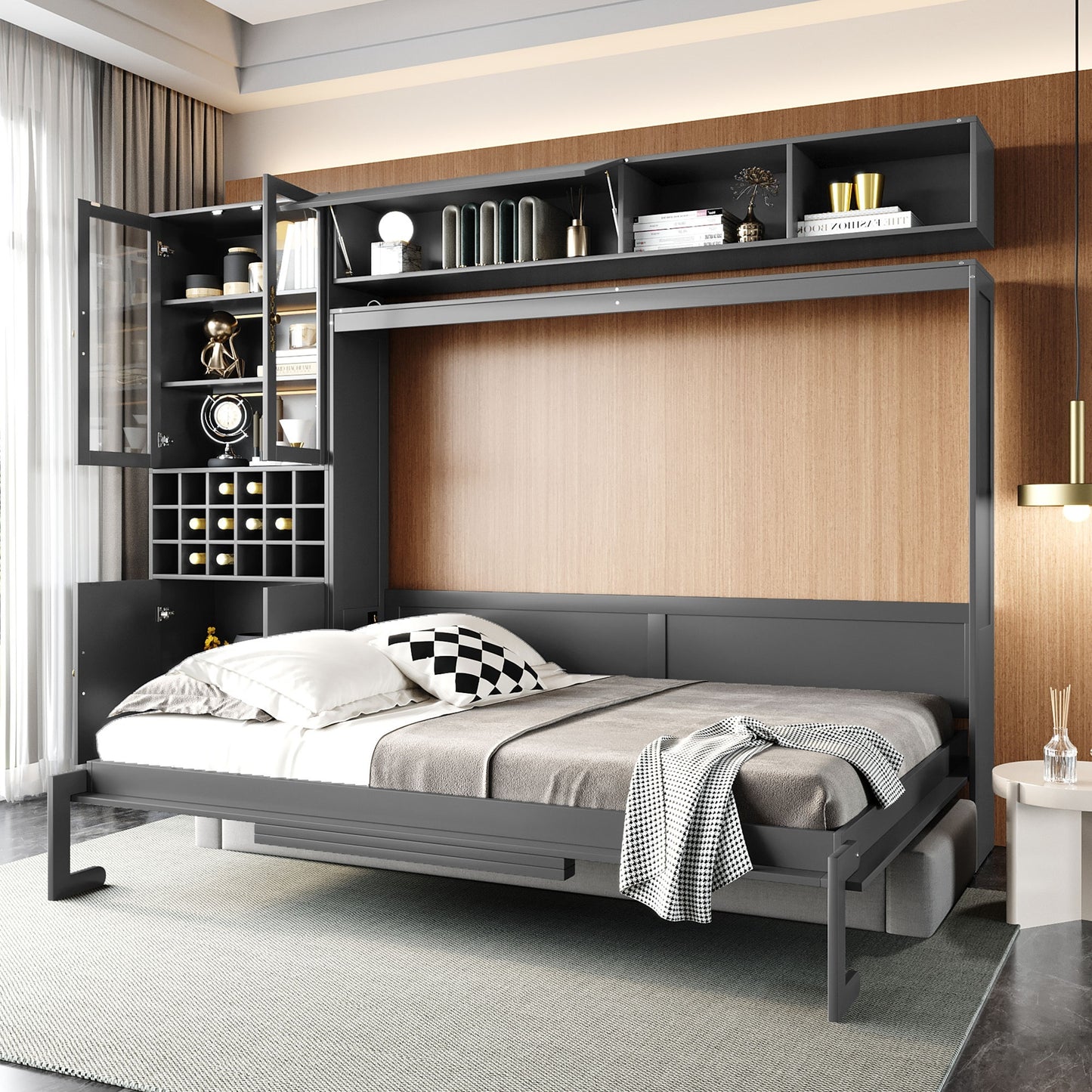 Queen Size Murphy Bed Wall Bed with Sofa, Shelves USB & Light