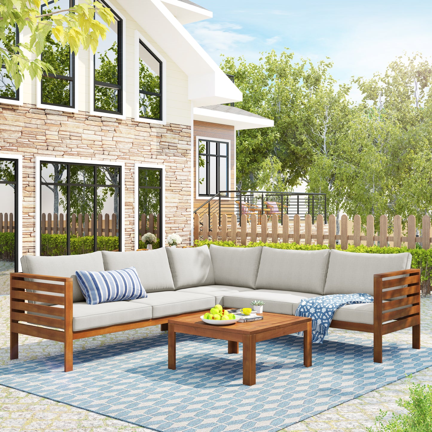 Wood Structure Outdoor Sofa Set with Cushions Exotic design Water-resistant and UV Protected texture High