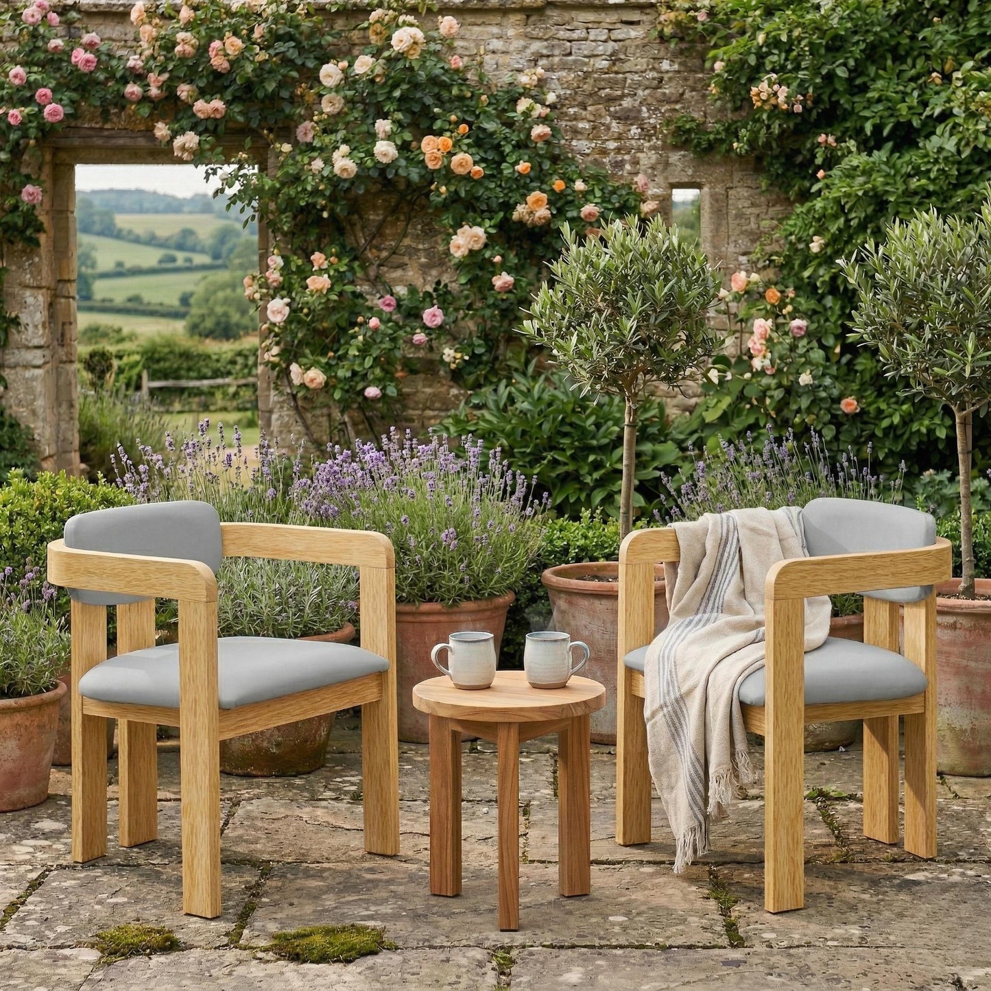 Set of 2 Outdoor Acacia Wood Dining Chairs with Cushions, Modern Solid Wood Armchairs with Weather-Resistant Upholstery