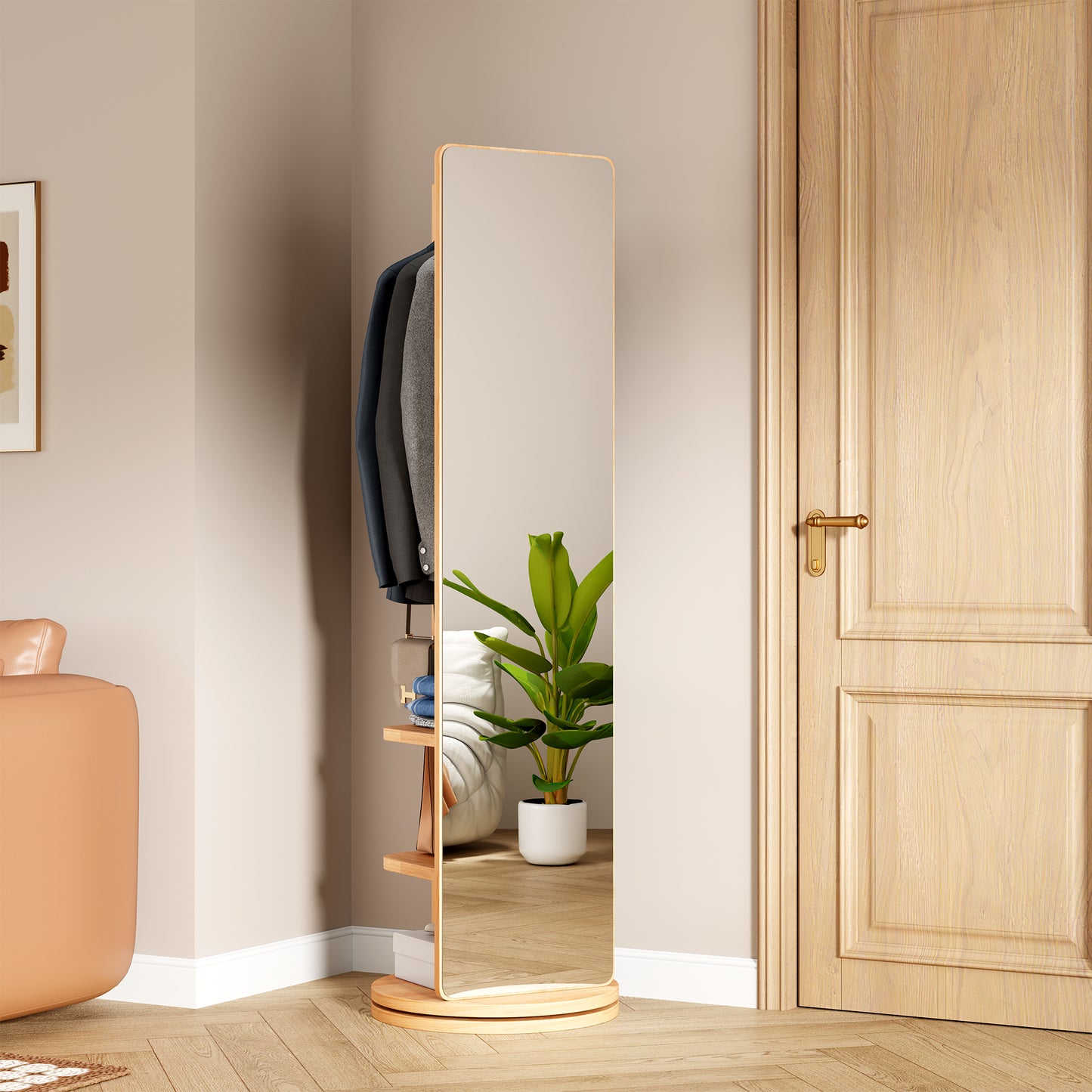 360° Rotating Full Length Mirror – 66"x14" Standing Mirror with Storage Rack & Hooks, Solid Wood Frame