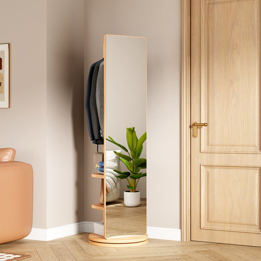 Rotating Full-Length Mirror with Coat Rack Rubber Wood Natural Wood Storage and 360° Rotating for Bedroom, Entryway and Dressing Areas
