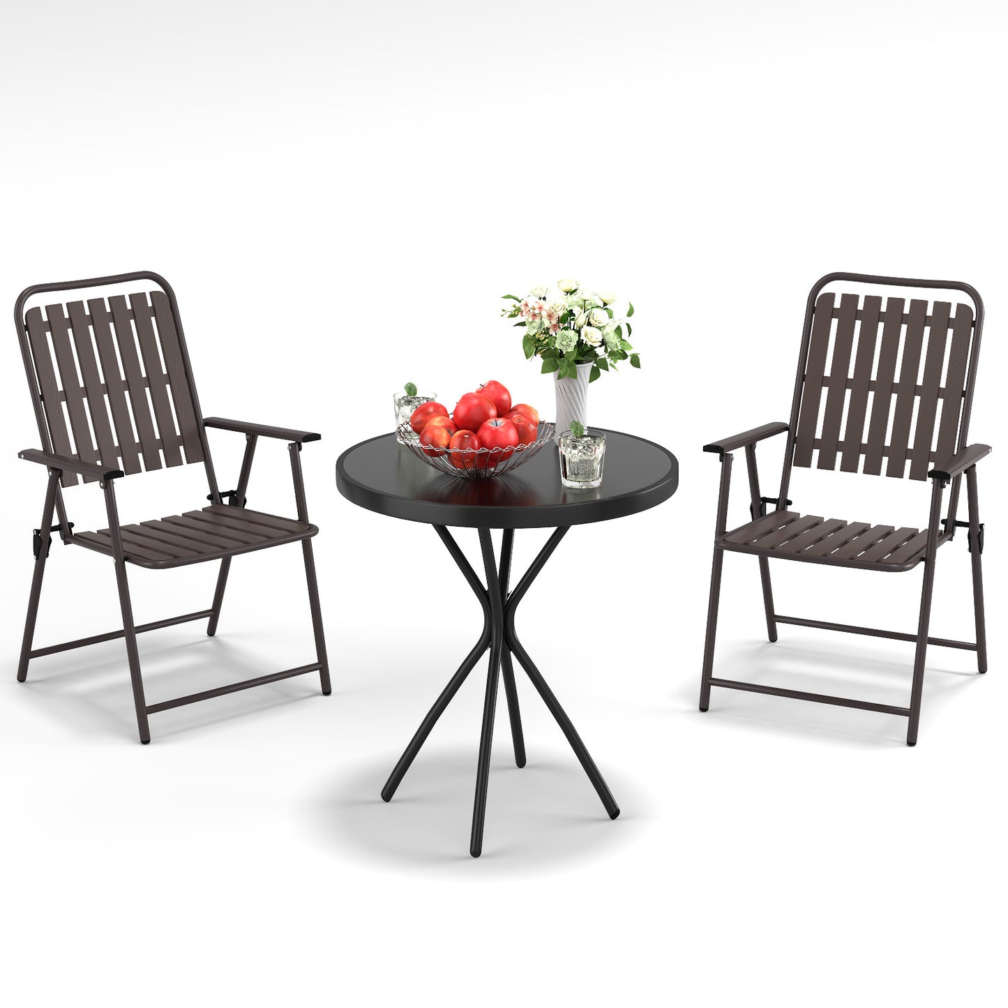 3-Piece Outdoor Patio Furniture Set, 2chairs/table, Foldable Powder-Coated Metal Chair & Tempered Glass Side Table