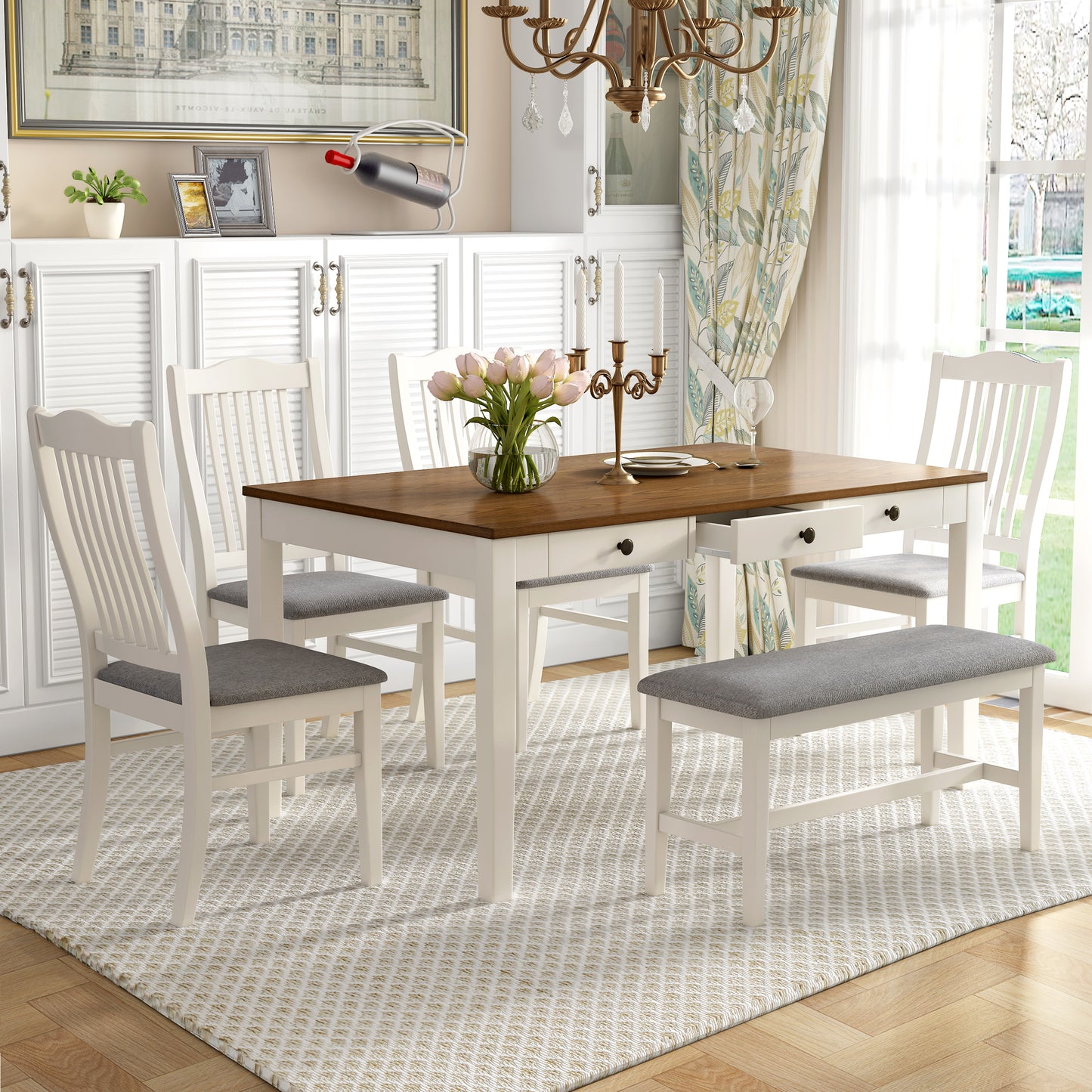 Mid-Century 6-Piece Wood Dining Table Set, Kitchen Table Set with Drawer, Upholstered Chairs and Bench, White