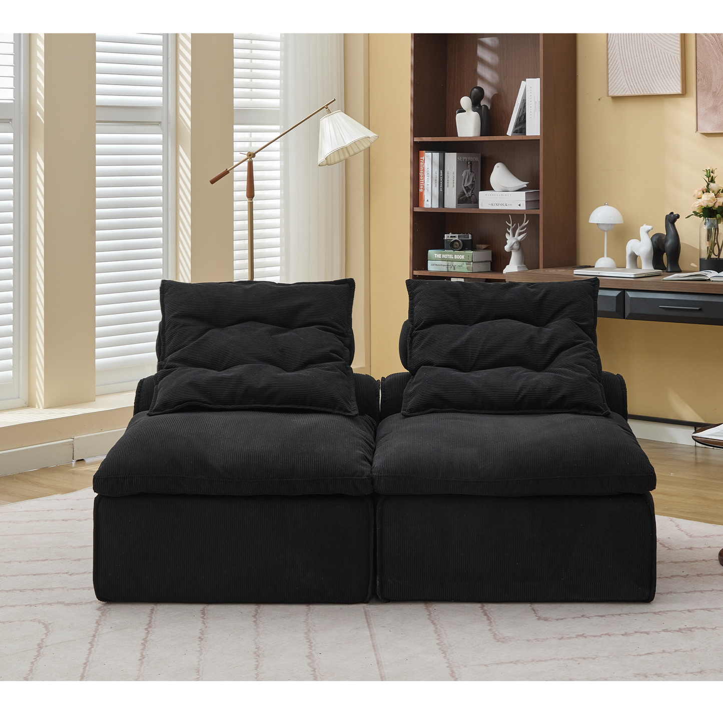 Modular Sofa,No Armrests,At will DIY,Soft Corduroy Fabric,Neck Pillow-Back Lounge Sofa Chair,Reading Nook, or Apartment Living, Lumbar Pillow,2 Seats,Upholstered,Black