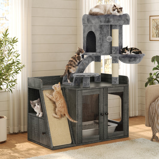 Hidden Litter Box Enclosure with Cat Tree, LED Light, Sisal Scratching Board & Storage Cabinet, All-in-One Cat Furniture for Indoor Cats