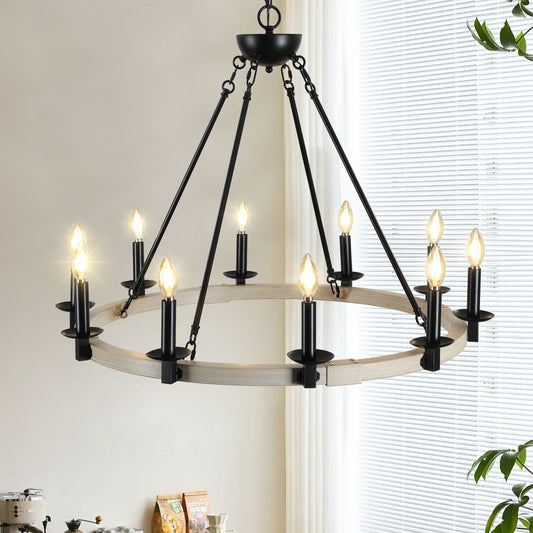 Chandelier Iron Matte Black and White Oak Farmhouse 10-Light for Dining Room and Kitchen Island