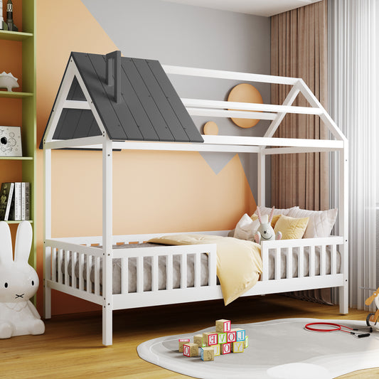 House Bed Twin White and gray Solid Wood with Fence and Storage for Bedroom and Guest Room