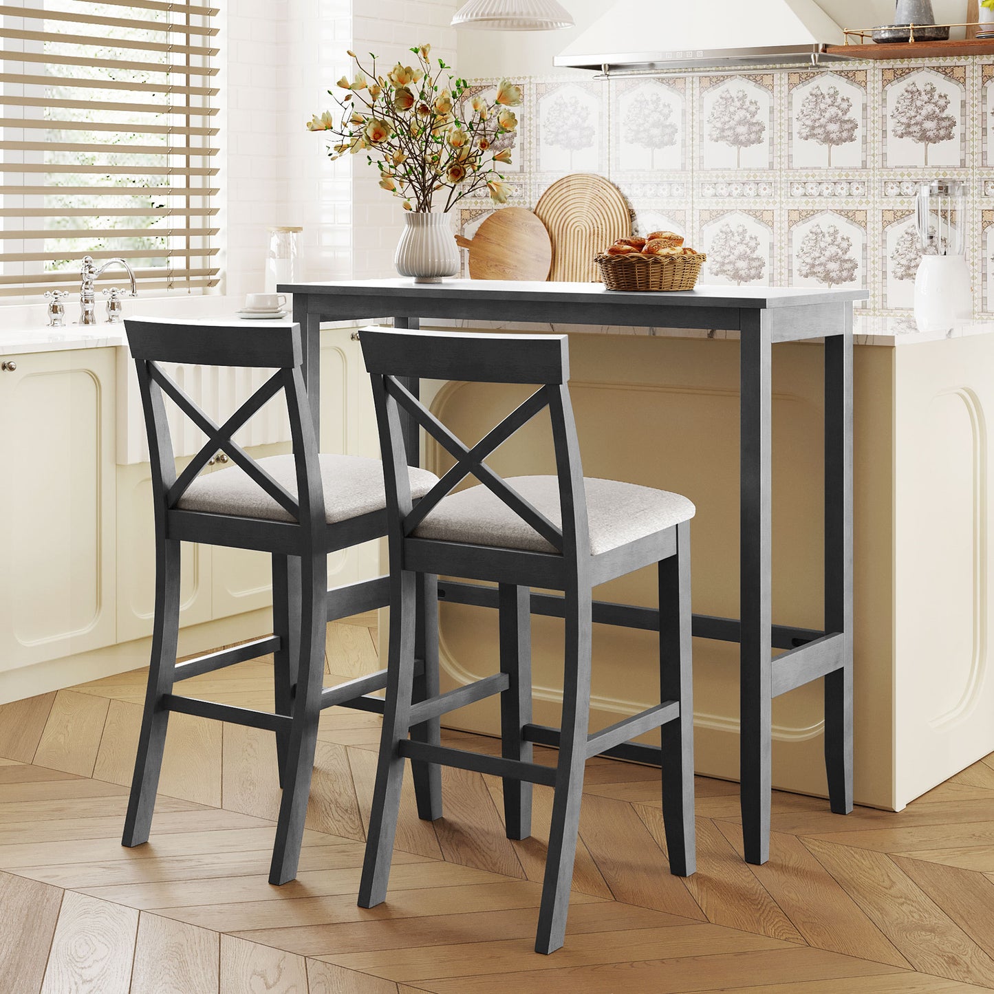 Farmhouse 48'Rectangular Wood Bar Height Dining Set Kitchen Breakfast Nook with 2 chairs for small places
