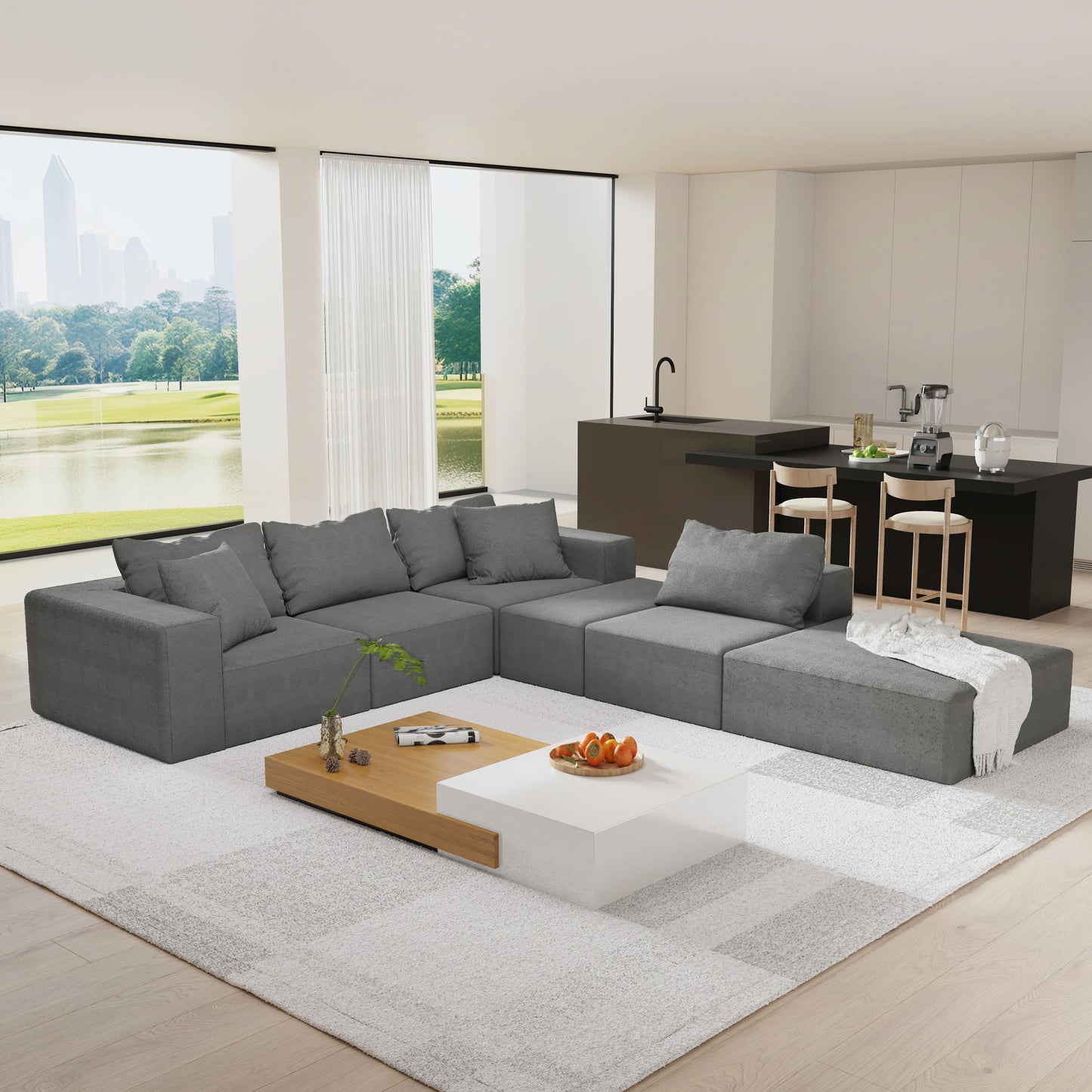 Modern Upholstered Sectional Sofa Couch Set,Modular 132" L Shaped Sectional Living Room Sofa Set With 6 Pillows,Free Combination Sofa Couch for Living Room,Bedroom