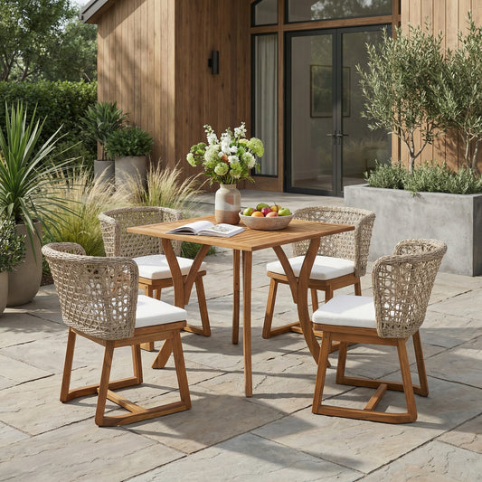 5-Piece Outdoor Dining Set – Acacia Wood Square Table & 4 Wicker Back Chairs with Beige Cushions, Teak Finish Patio Furniture Set