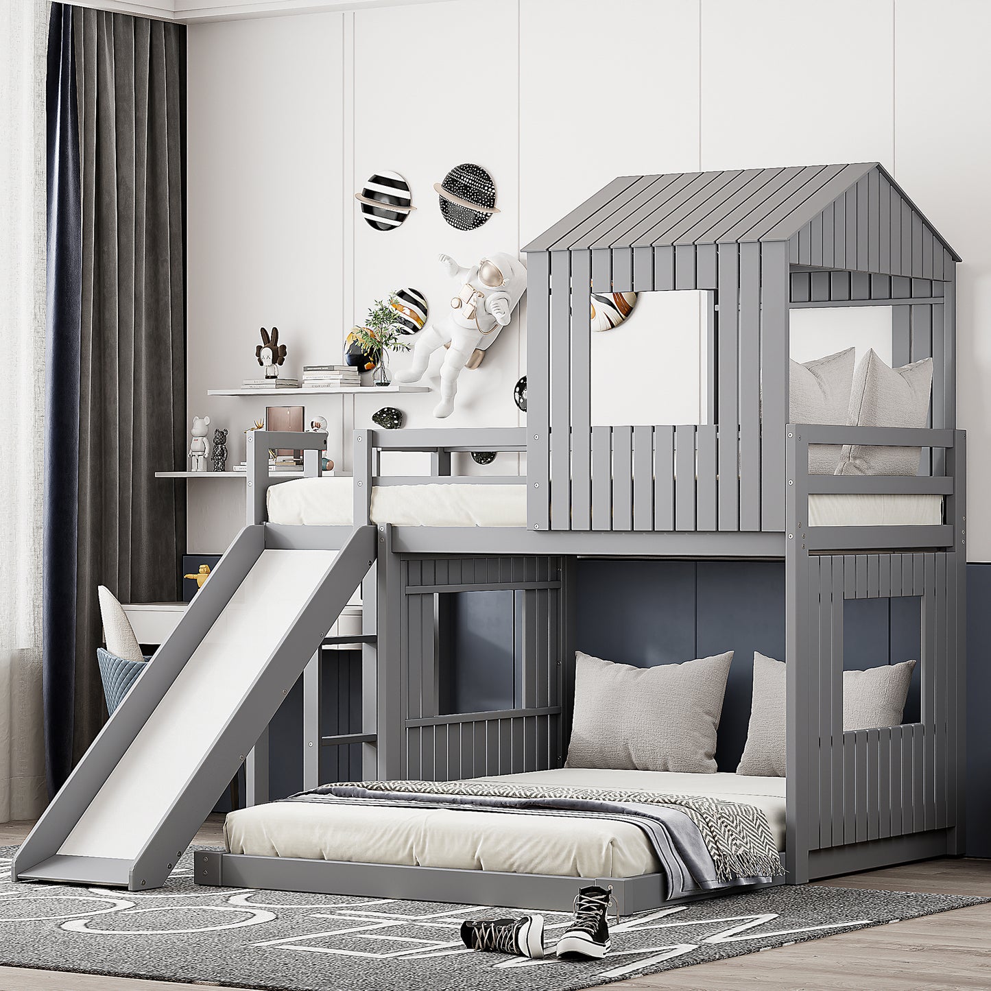 Wooden Twin Over Full Bunk Bed, Loft Bed with Playhouse, Farmhouse, Ladder, Slide and Guardrails