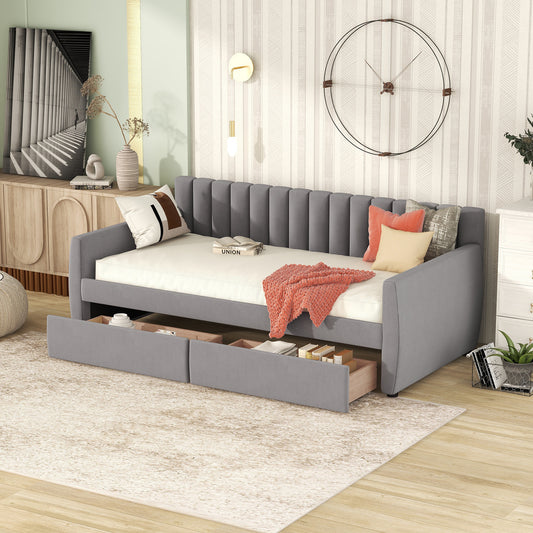 Daybed Sofa Bed, Twin Size, Velvet with Drawers, Sofa Seating, and Wood Slat Support for Bedroom or Living Room