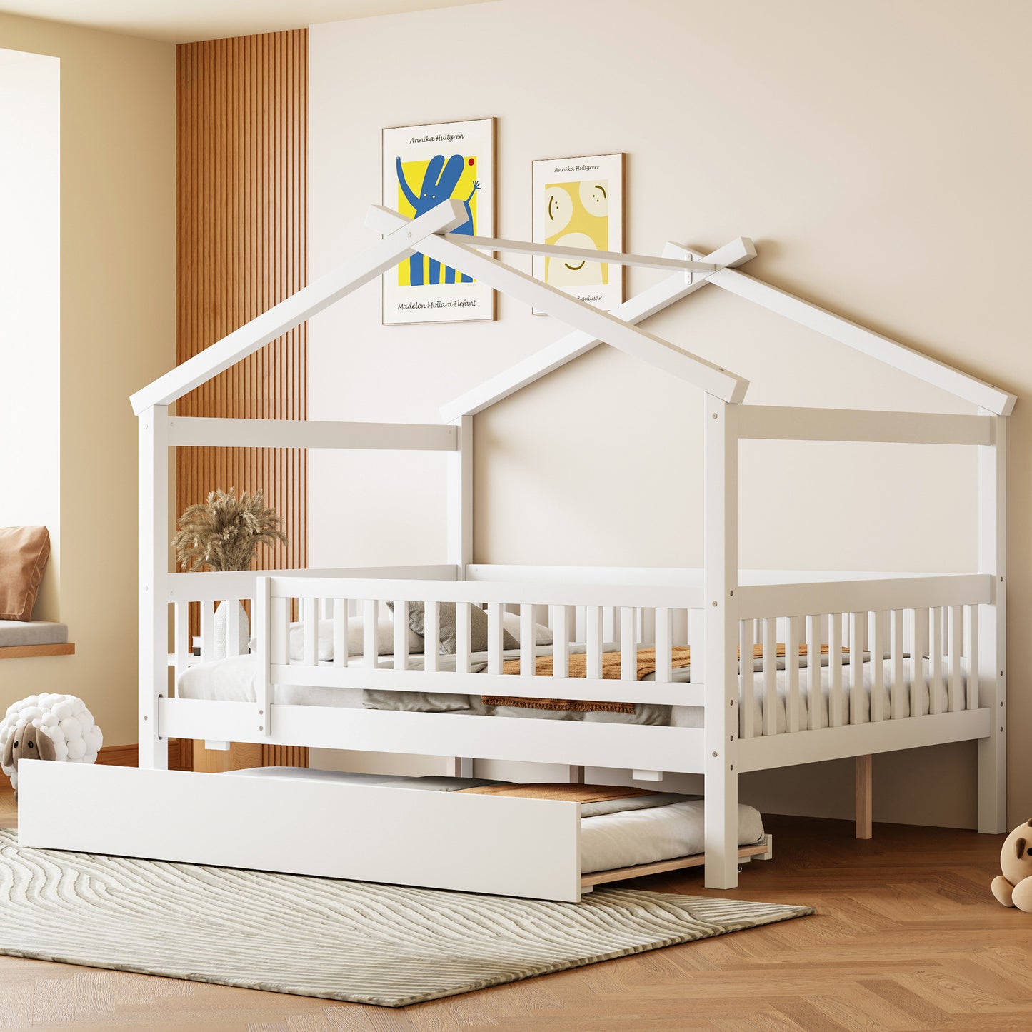 Full Size Wooden House Bed with Twin Size Trundle