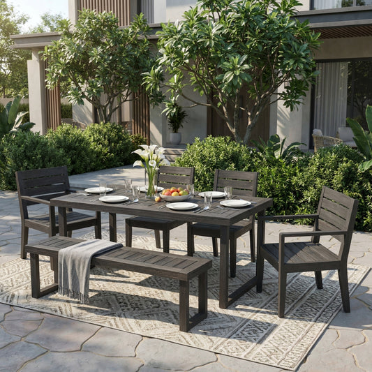 Outdoor Acacia Wood 6-Seater Dining Set with Bench, Dark Grey Patio Table Set with Light Grey Cushions for Garden, Backyard, Patio Entertaining