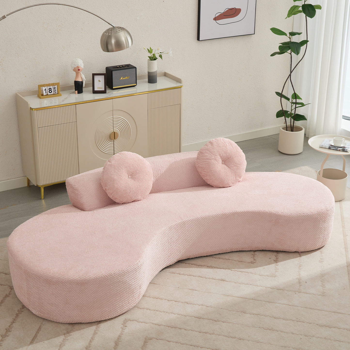 105.5''Curved Sofa, Modern Minimalist Sofa, Cloud Couch Sofa 3-4 Seater Couch with 2 Pillows,Bedroom,  No Assembly Required, Point-shaped corduroy,(Anti-Wrinkle) ,Pink
