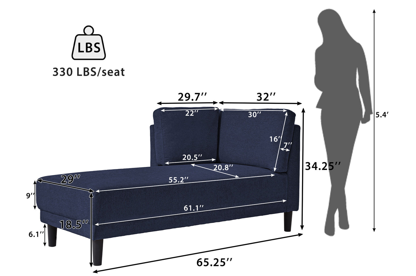 65" Mid-Century Modern Fabric Corner Lounge Chair, Upholstered Indoor Chaise Lounge for Bedroom,Office,Small Living Room & Apartment