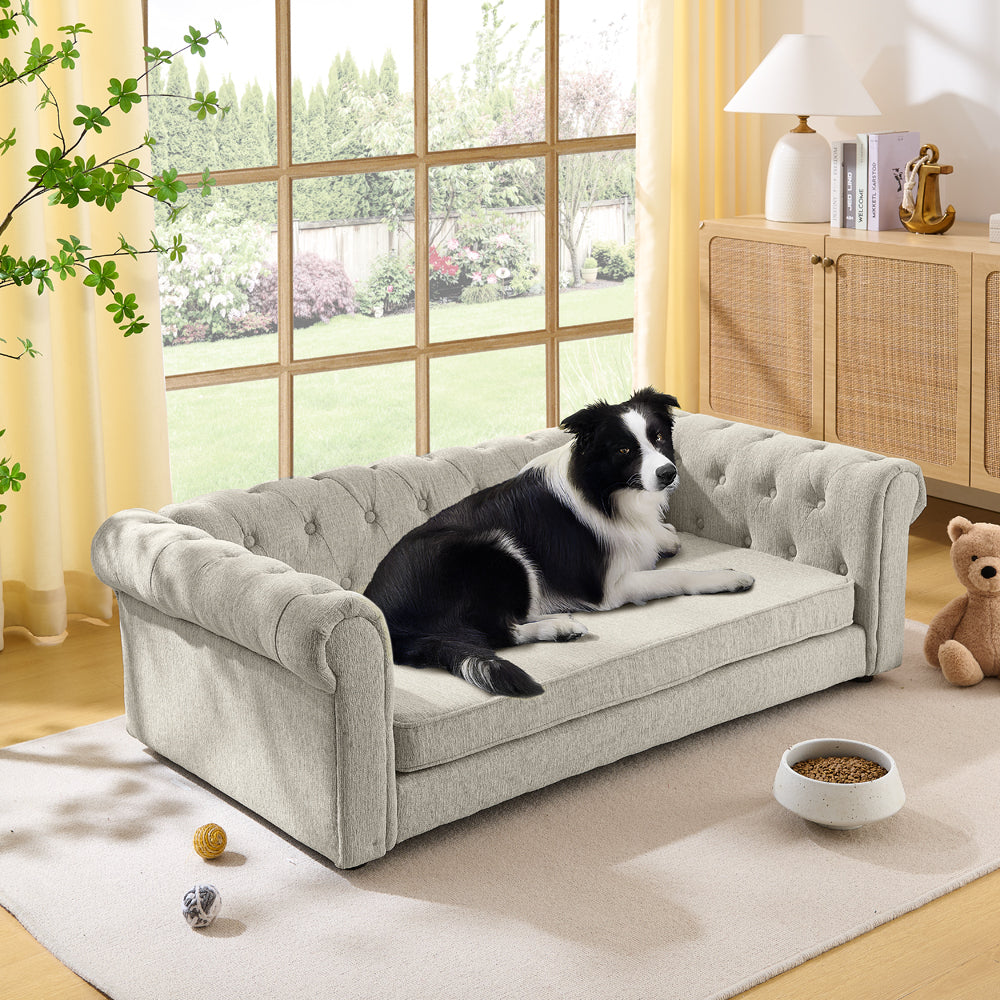 Elegant Rectangular Elevated Dog Sofa Bed for Big and Oversized Dogs - Modern Linen Fabric