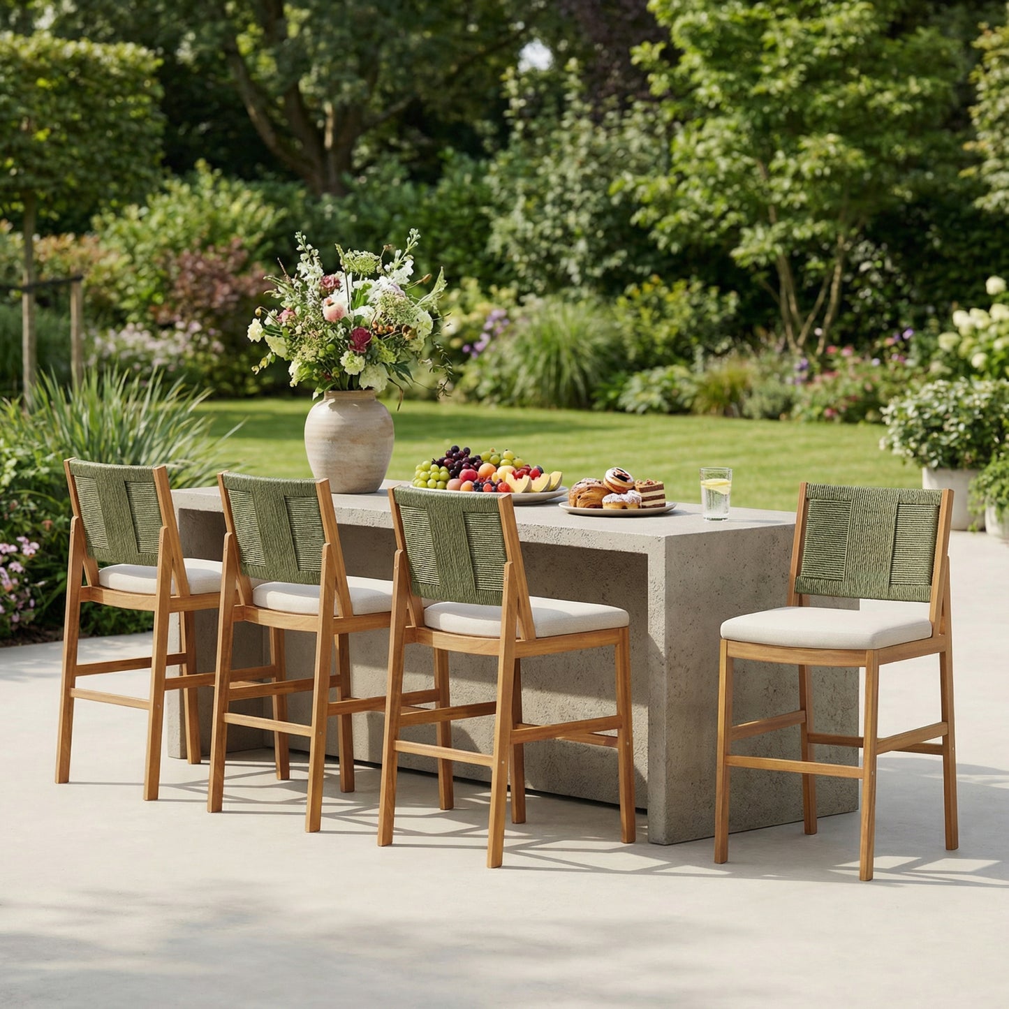 4-Piece Outdoor Acacia Wood Bar Stool Set with Woven Wicker Backrest and Water-Repellent Cushions