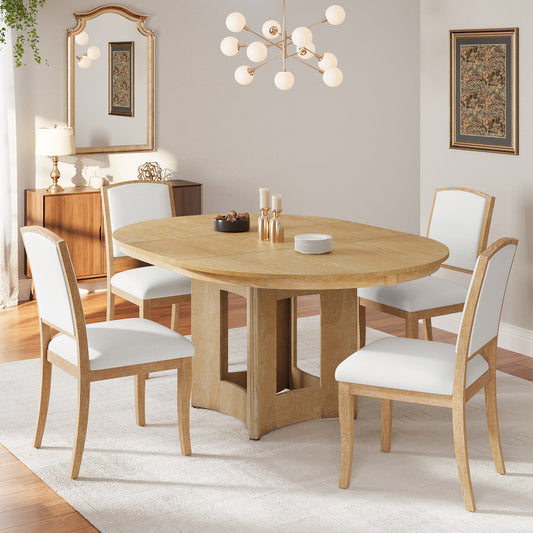 5-Piece Dining Table Set Farmhouse Rubber Wood Natural and Beige with Extendable Design for Dining Room or Kitchen