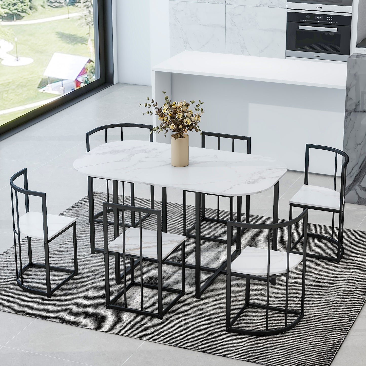 Modern 7-Piece Dining Table Set with Faux Marble Compact 55Inch Kitchen Table