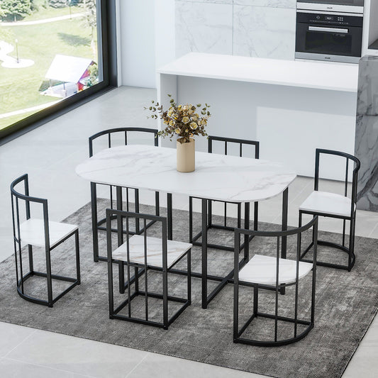 7-Piece Dining Table Set Modern Iron Black and White for Dining Room or Kitchen
