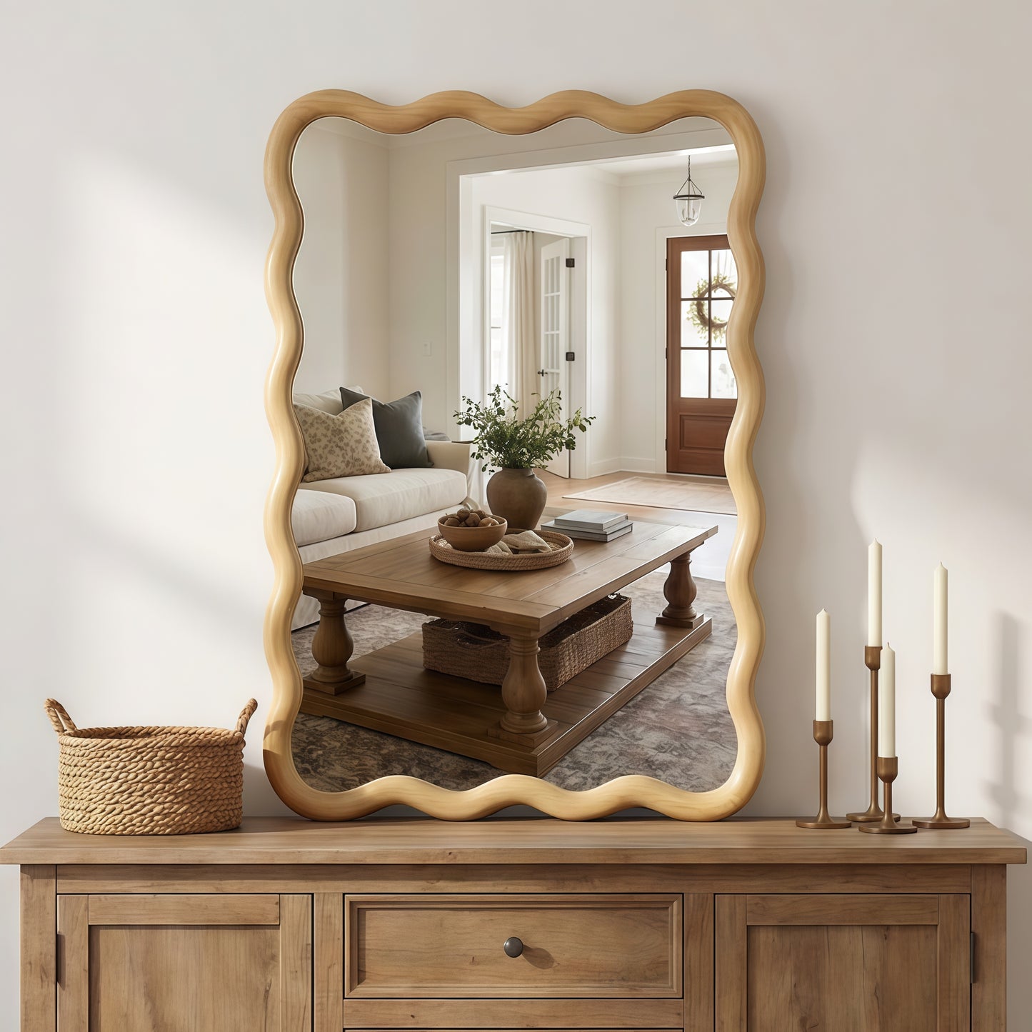 Wavy Solid Wood Wall Mirror – 20" x 30" Decorative Curved Frame Mirror for Bathroom, Bedroom & Entryway