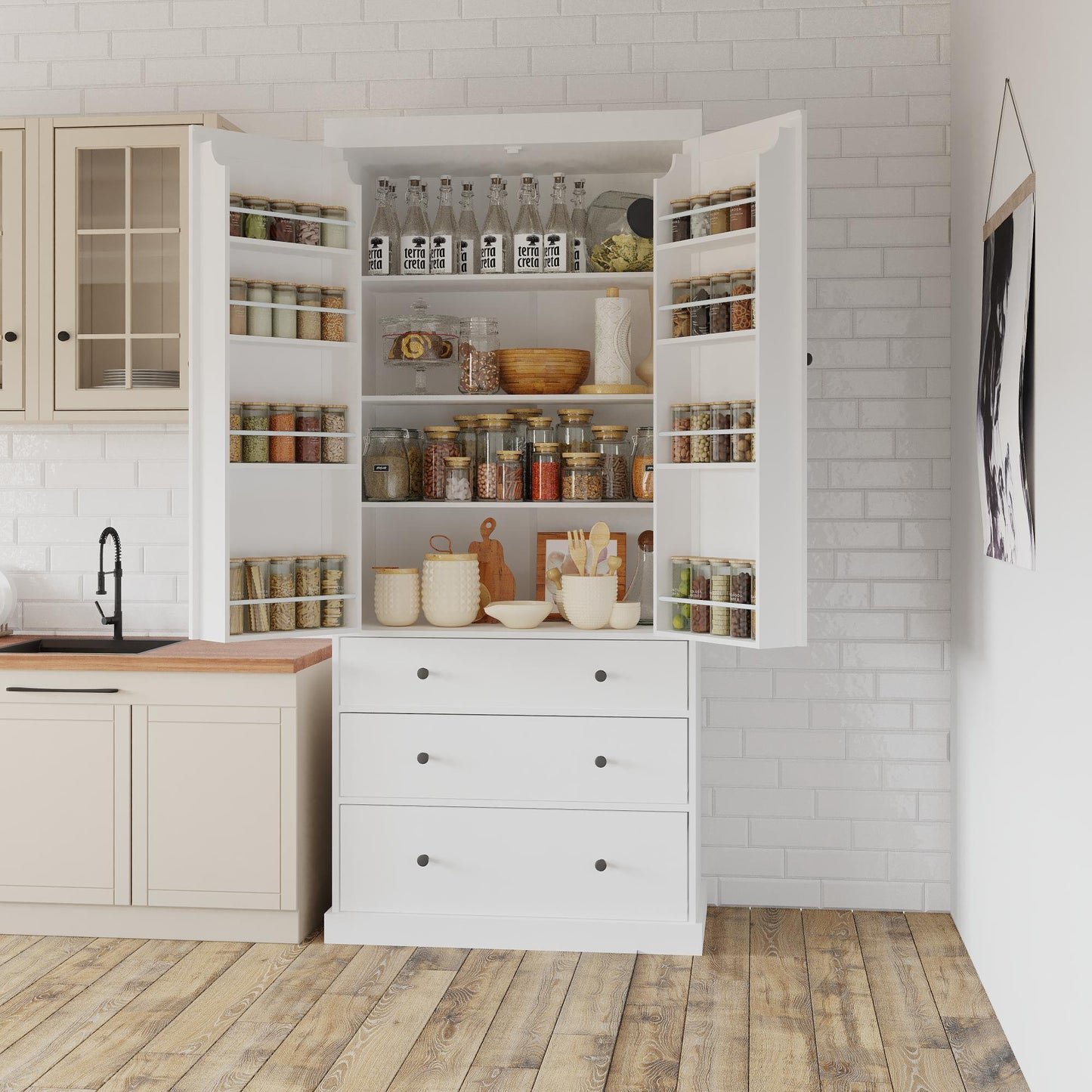 77' Farmhouse Kitchen Pantry, Freestanding Tall Cupboard Storage Cabinet with 3 Adjustable Shelves, 8 Door Shelves, 3 Drawers for Kitchen, Dining Room