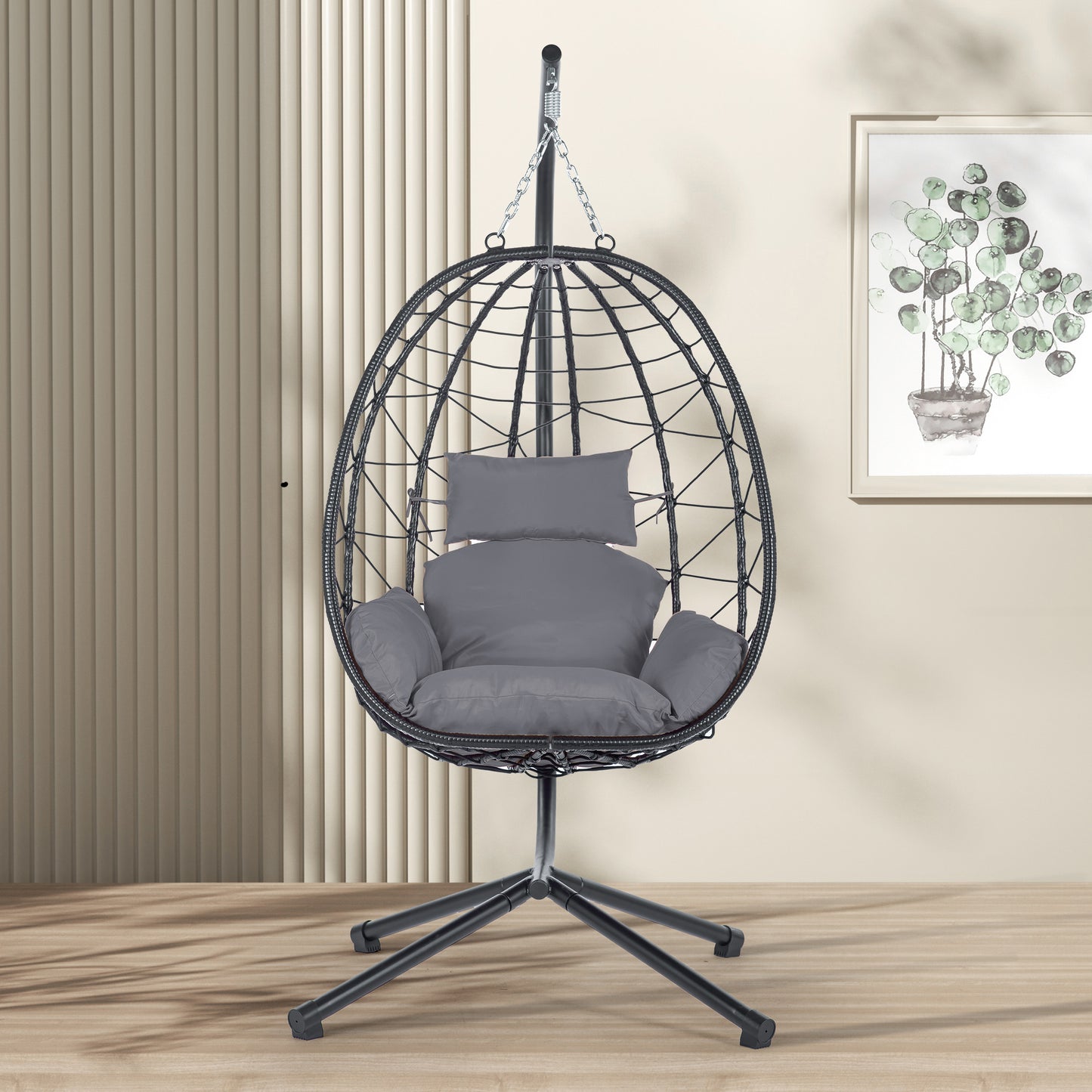 Egg Chair with Stand – Indoor Outdoor Wicker Hanging Basket Swing Chair with Cushion, Freestanding Patio Egg Chair, Steel Frame