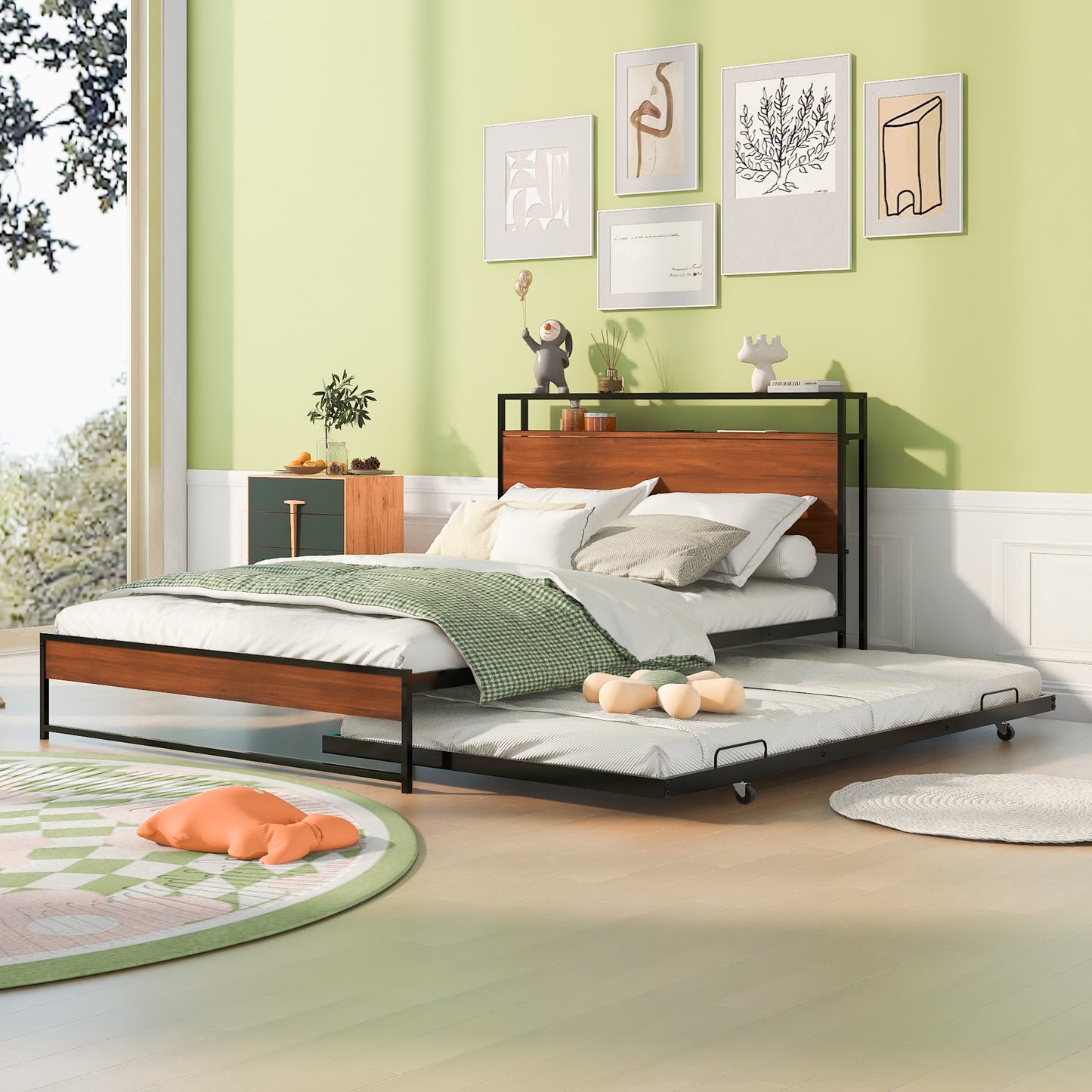 Metal Platform Bed Frame with Trundle, USB Ports and Slat Support, No Box Spring Needed