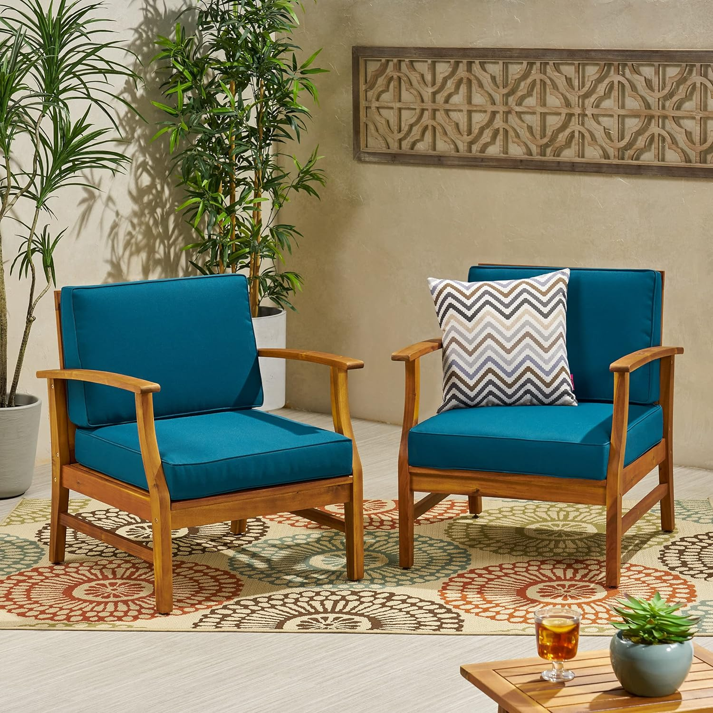 Perla Acacia Wood Outdoor Club Chair Set of 2 with Water-Resistant Cushions – Modern Patio Lounge Chairs with Slat Panel Design
