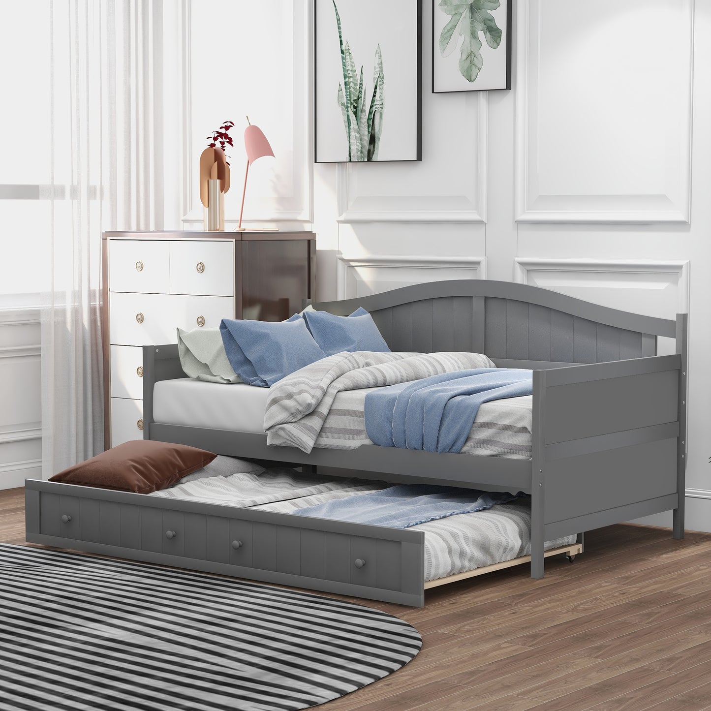 Twin Wooden Daybed with Trundle Bed, Sofa Bed for Bedroom Living Room