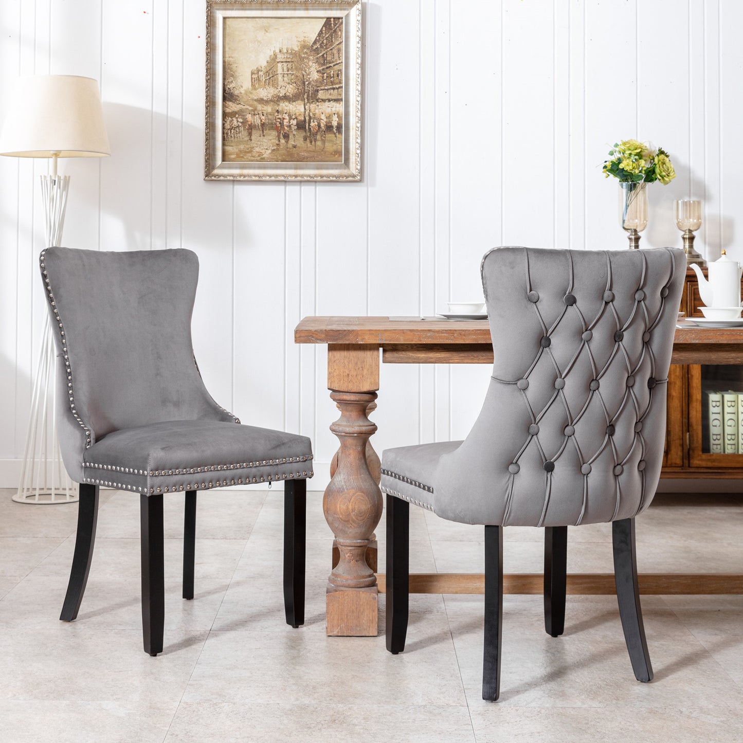 Upholstered Wing-Back Dining Chair with Backstitching Nailhead Trim and Solid Wood Legs,