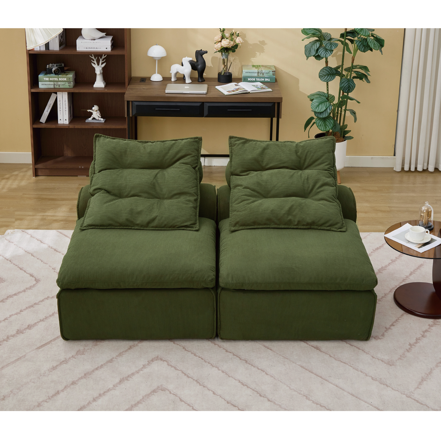 Modular Sofa,No Armrests,At will DIY,Soft Corduroy Fabric,Neck Pillow-Back Lounge Sofa Chair,Reading Nook, or Apartment Living, Lumbar Pillow,2 Seats,Upholstered,Green