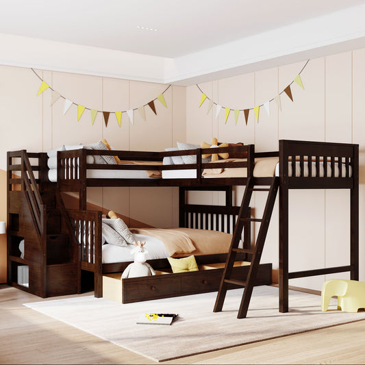 L-Shaped Bunk Bed, Twin Over Full, Solid Wood with Three Drawers, Storage Stairs, and Ladder for Shared Bedroom or Guest Room