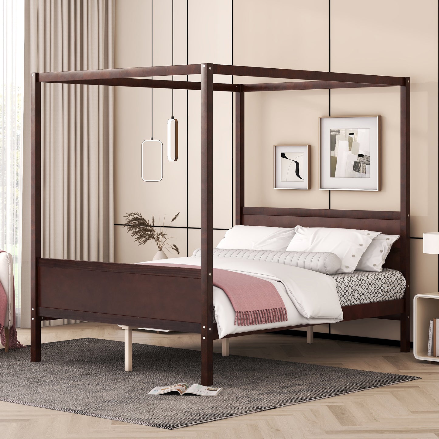Queen Size Canopy Platform Bed with Headboard and Footboard,Slat Support Leg - Espresso