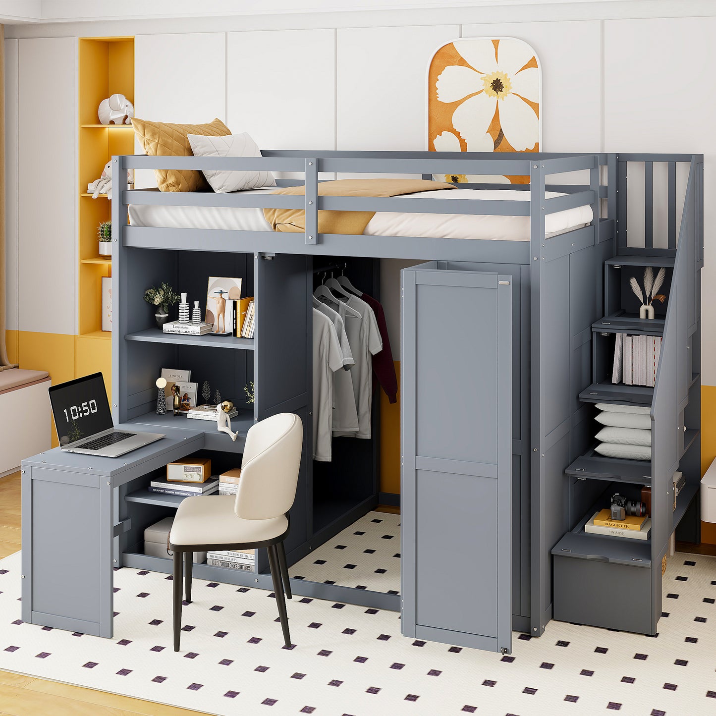 Full Size Loft Bed with Wardrobe, Desk and Shelves