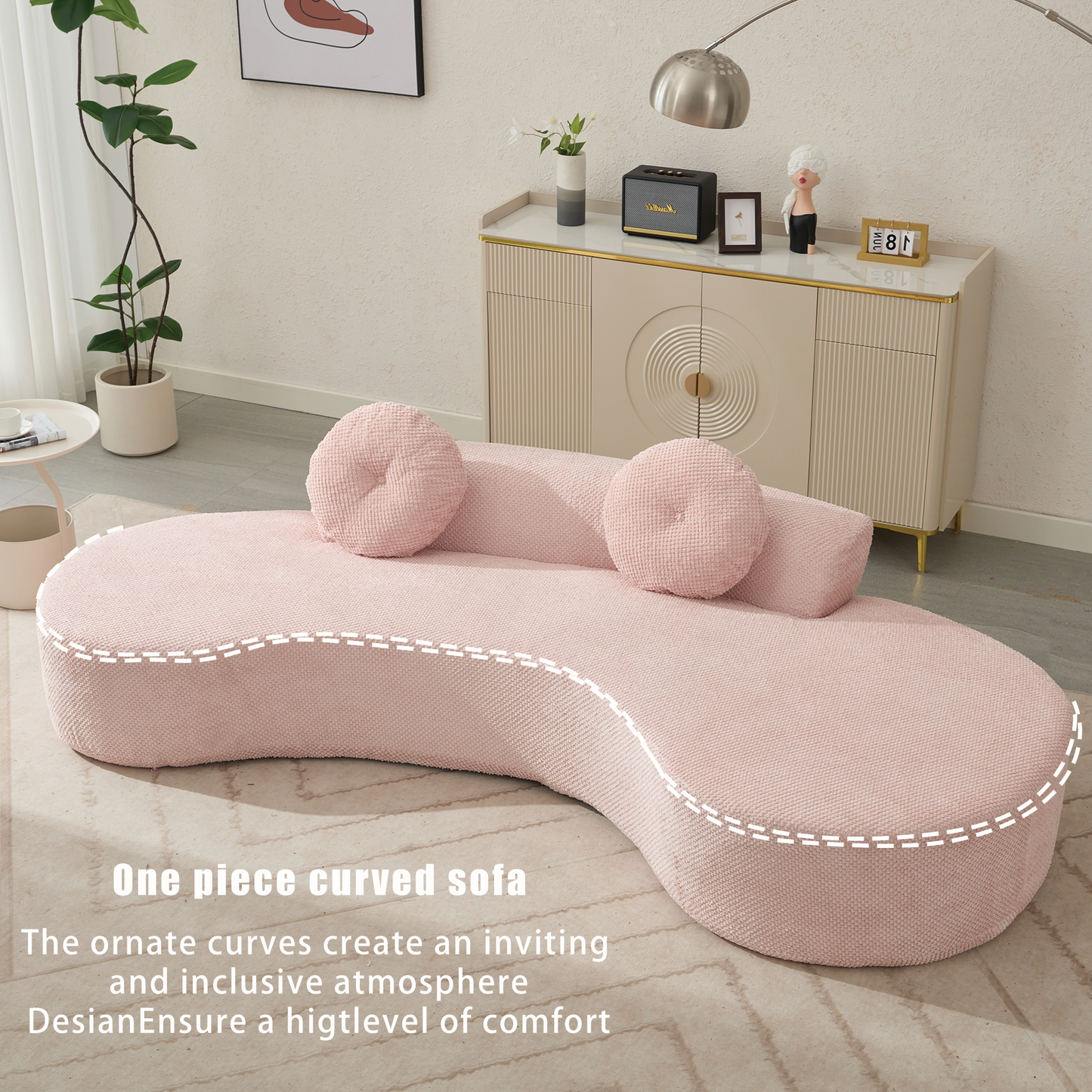 105.5''Curved Sofa, Modern Minimalist Sofa, Cloud Couch Sofa 3-4 Seater Couch with 2 Pillows,Bedroom,  No Assembly Required, Point-shaped corduroy,(Anti-Wrinkle) ,Pink