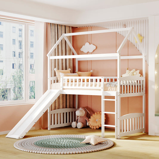 Loft Bed Twin White Solid Wood with Slide and Storage for Bedroom and Guest Room