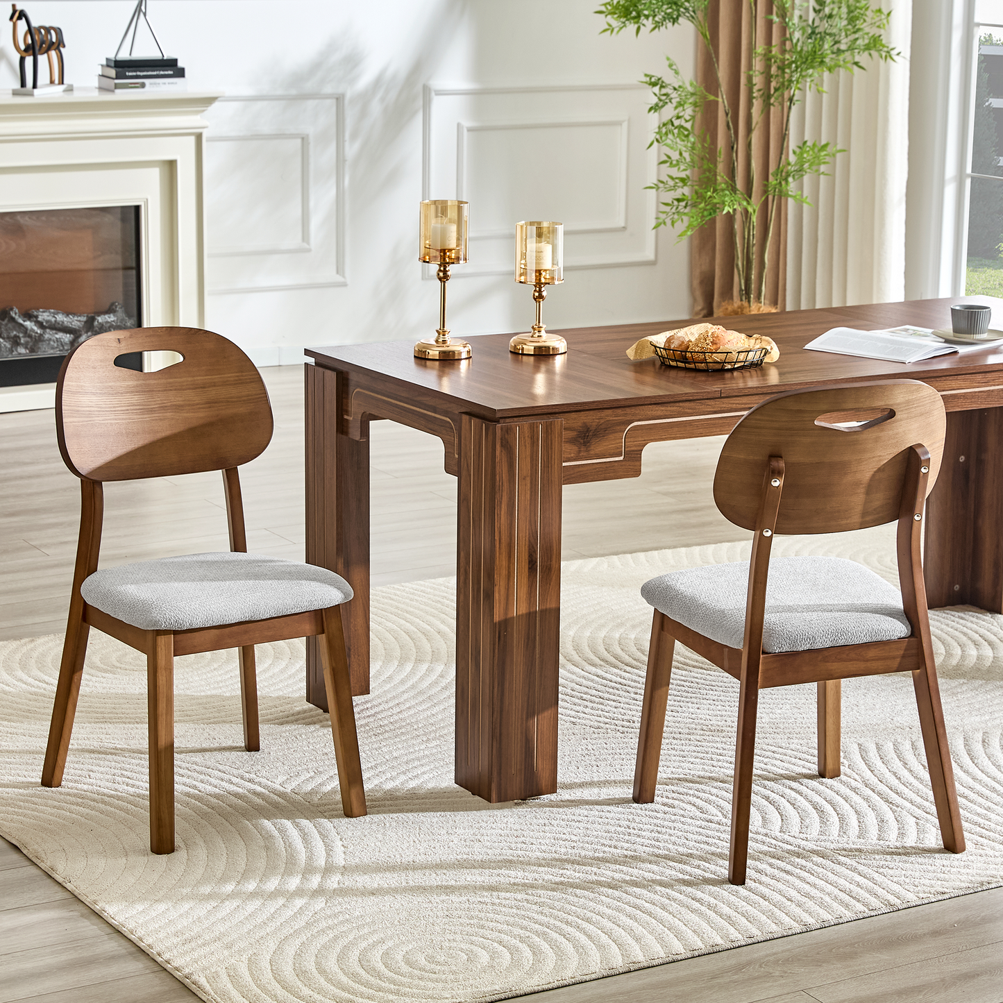 2 Walnut Colored Solid Wood Dining Chairs with Hollowed Out Backrests for Home Dining