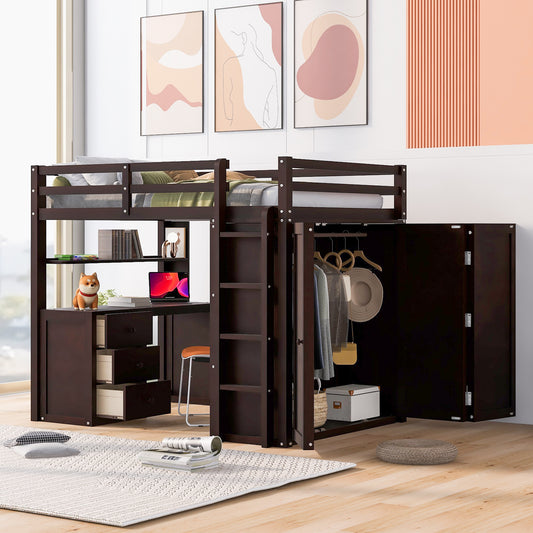 Loft Bed, Solid Wood with Drawers, Wardrobe Storage, and Built-In Desk for Bedroom or Study Space