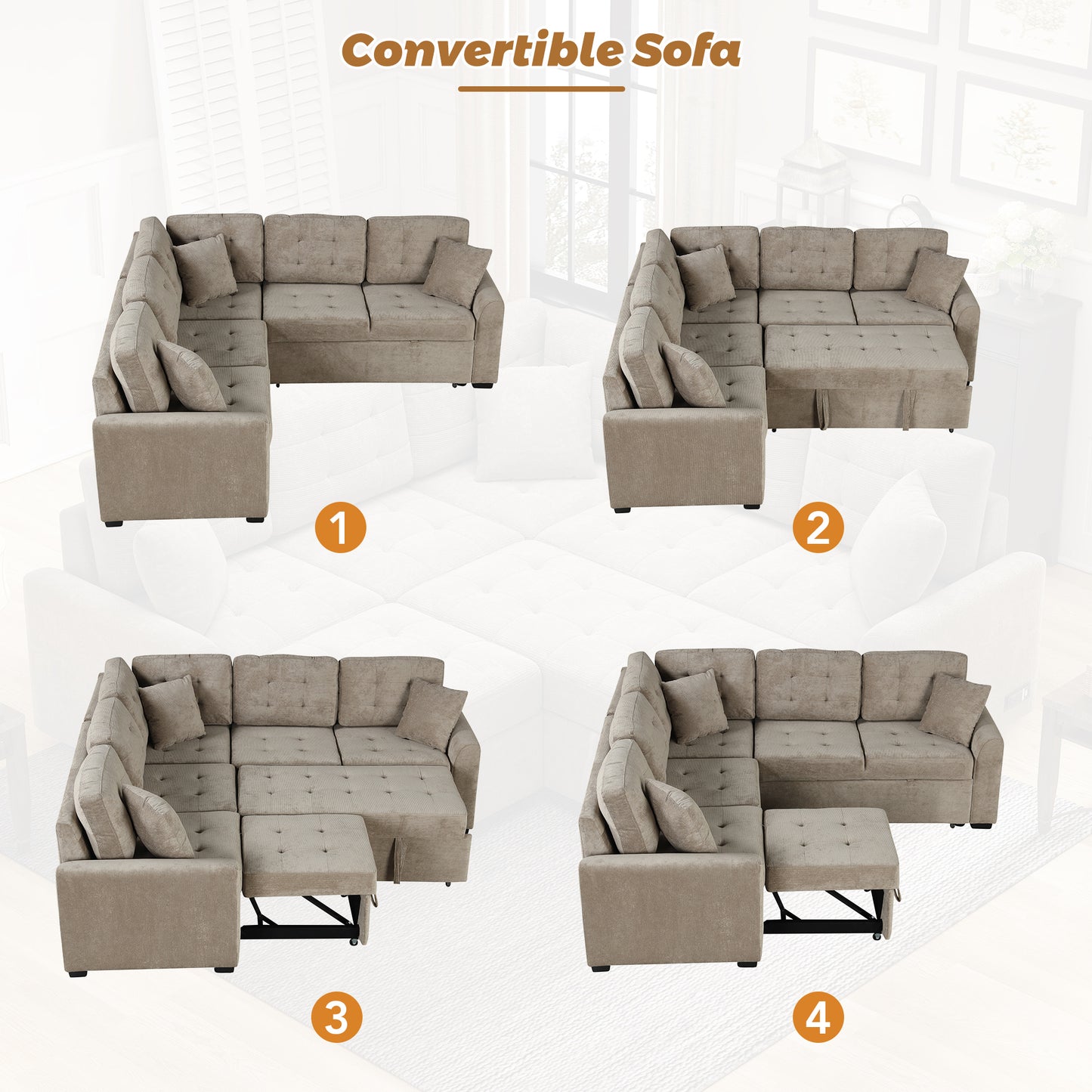 82.6" L-shape Sofa Bed Pull-out Sleeper Sofa with Wheels, USB Ports, Power Sockets for Living Room , Khaki