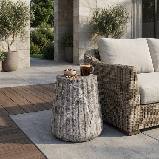 Outdoor Cleme Carved Side Table – Lightweight Concrete End Table with Travertine Finish for Indoor & Outdoor Use
