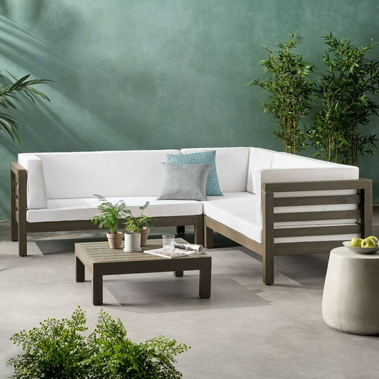 Outdoor Acacia Wood V-Shaped Sectional Sofa Set with Cushions – Modern Patio Conversation Set with Coffee Table, Weather-Resistant Outdoor Furniture for Garden & Backyard