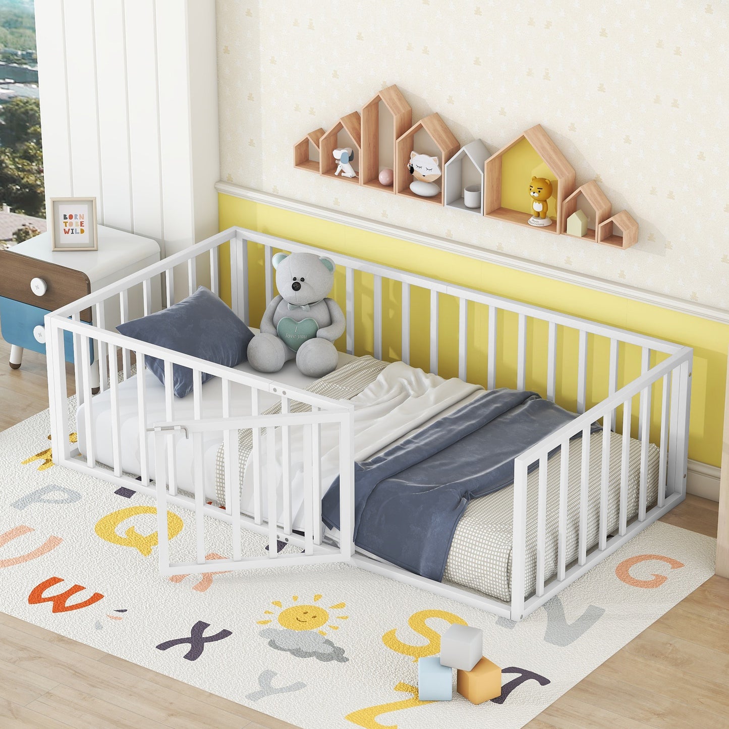 Twin Size Metal Floor Bed Frame with Fence and Door
